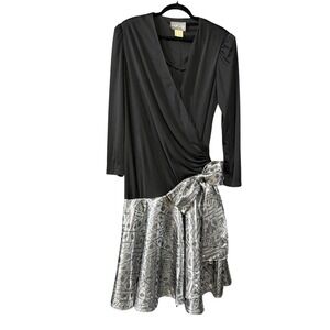 Vintage Edith Flagg Wrap Dress Womens 14 Black Silver Metallic Bow 80s Midi